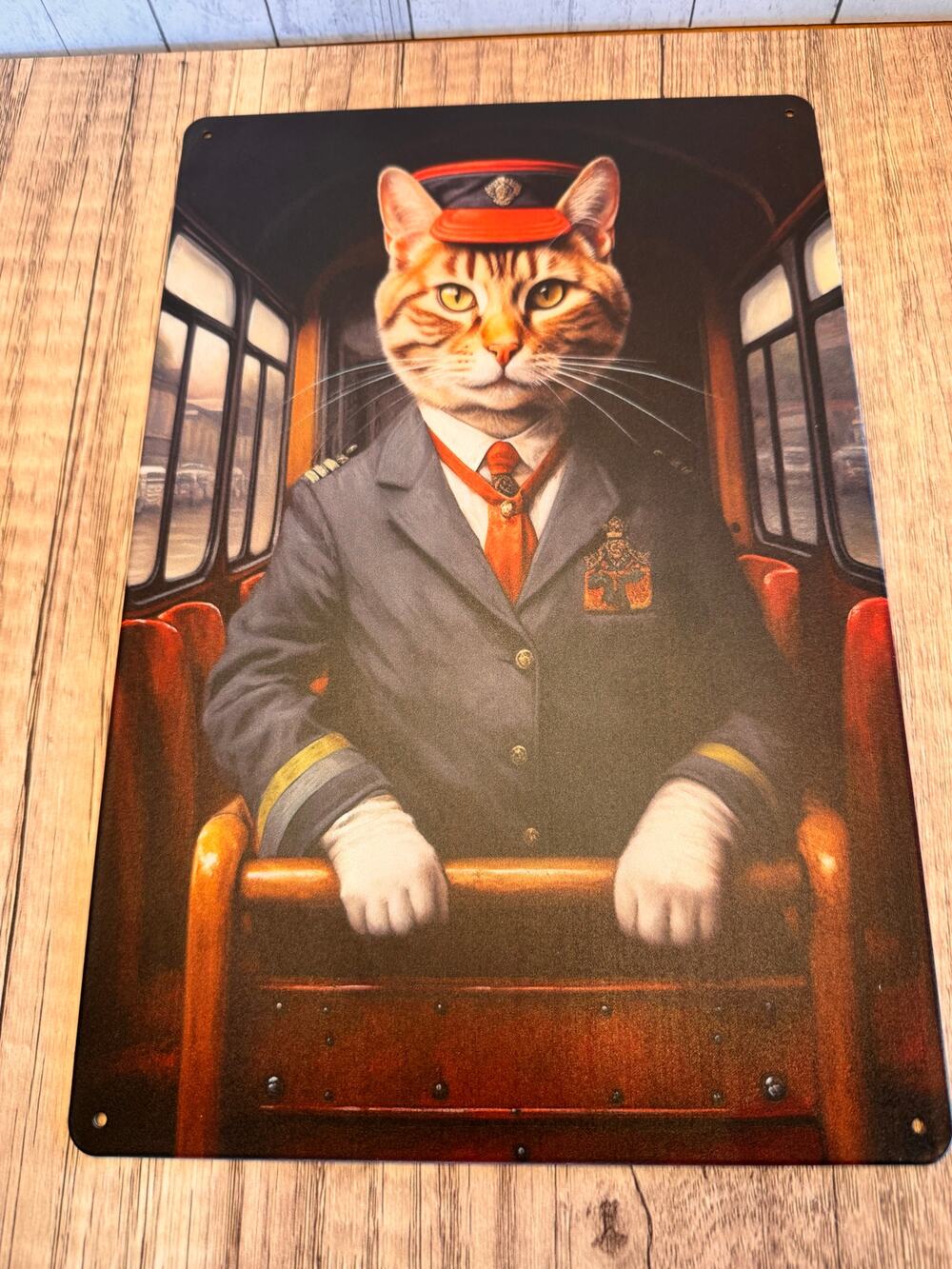 Train Conductor Kitty Metal Sign Cute Cat Working Cat Metal Home Decor FAST SHIP